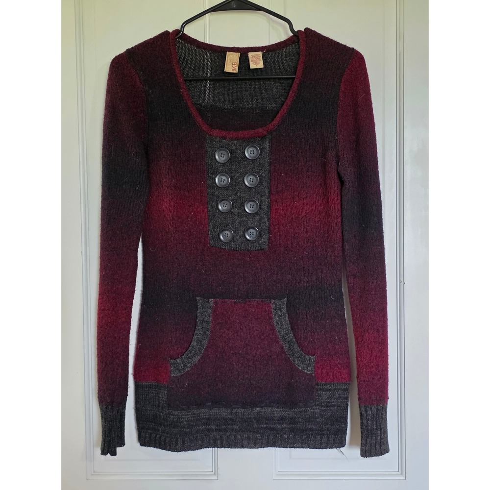 BKE Ombre Wool Blend Sweater Burgundy Grey Button Bib Kangaroo Pocket Small Y2K